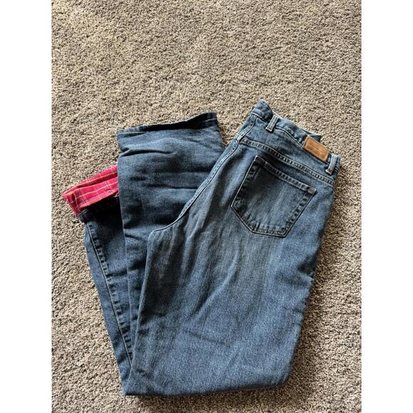 Eddie Bauer Jeans Womens Size 14 Red Plaid Flannel Lined Blue‎ Denim - Picture 1 of 9